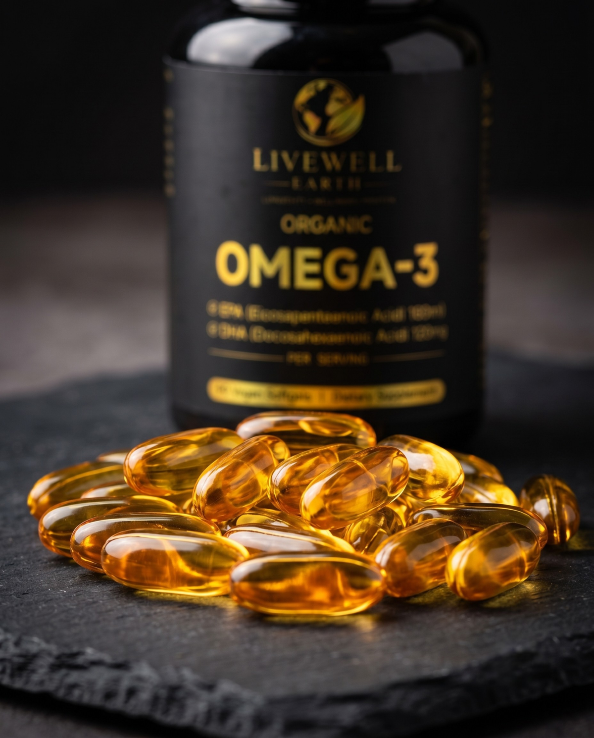 Organic Omega-3 softgels with bottle · EPA 180mg, DHA 120mg per serving