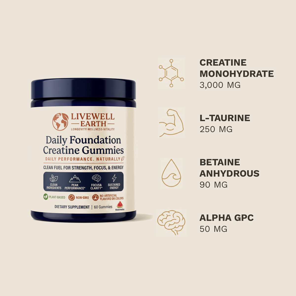 Key ingredients in Daily Foundation Creatine Gummies: creatine monohydrate 3,000 mg, L-taurine 250 mg, betaine anhydrous 90 mg, Alpha GPC 50 mg