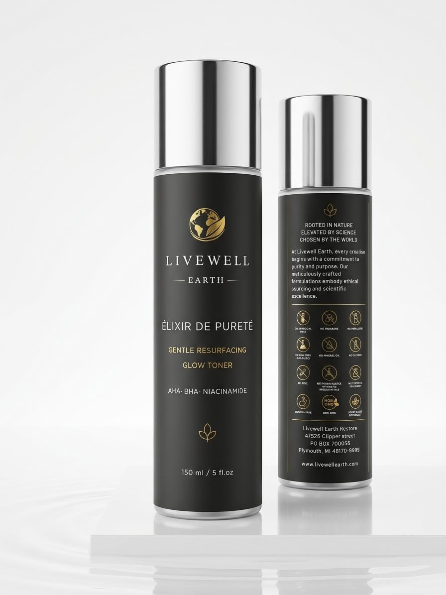 Élixir de Pureté Gentle Resurfacing Glow Toner 150 ml bottle, front and back label, AHA BHA Niacinamide, LiveWell Earth