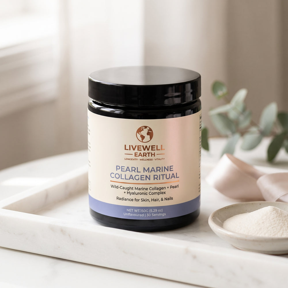 Pearl Marine Collagen Ritual on a marble vanity tray