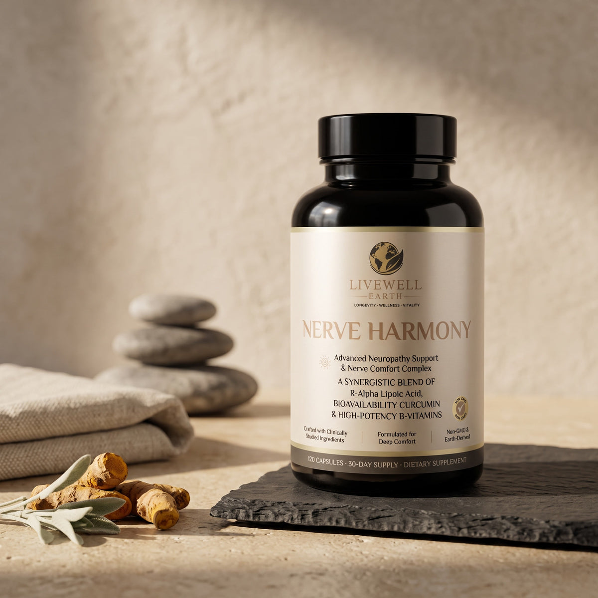 Nerve Harmony on a slate slab with river stones and dried turmeric