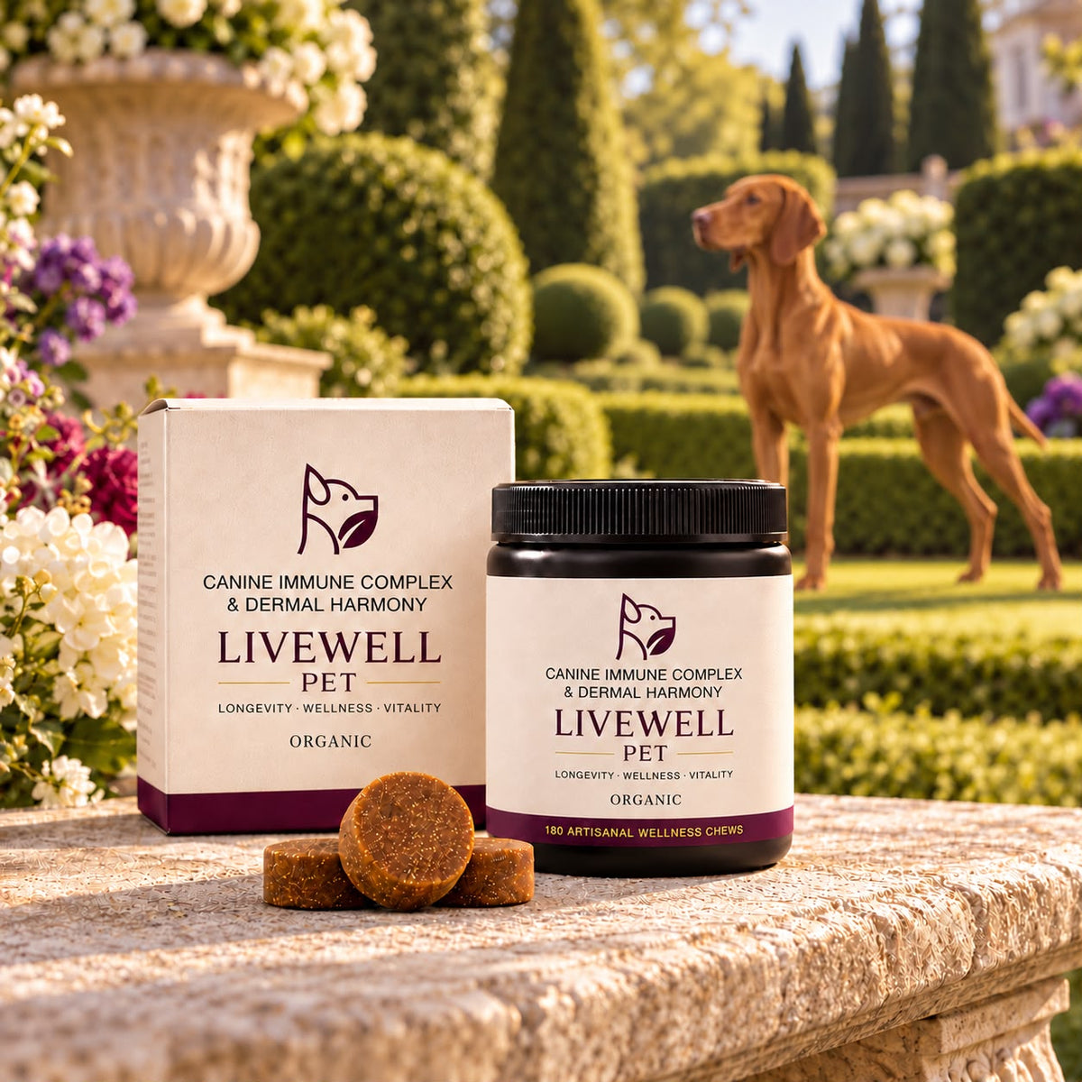 Canine Immune Complex & Dermal Harmony Chews box and jar on a stone bench in a garden with a Vizsla