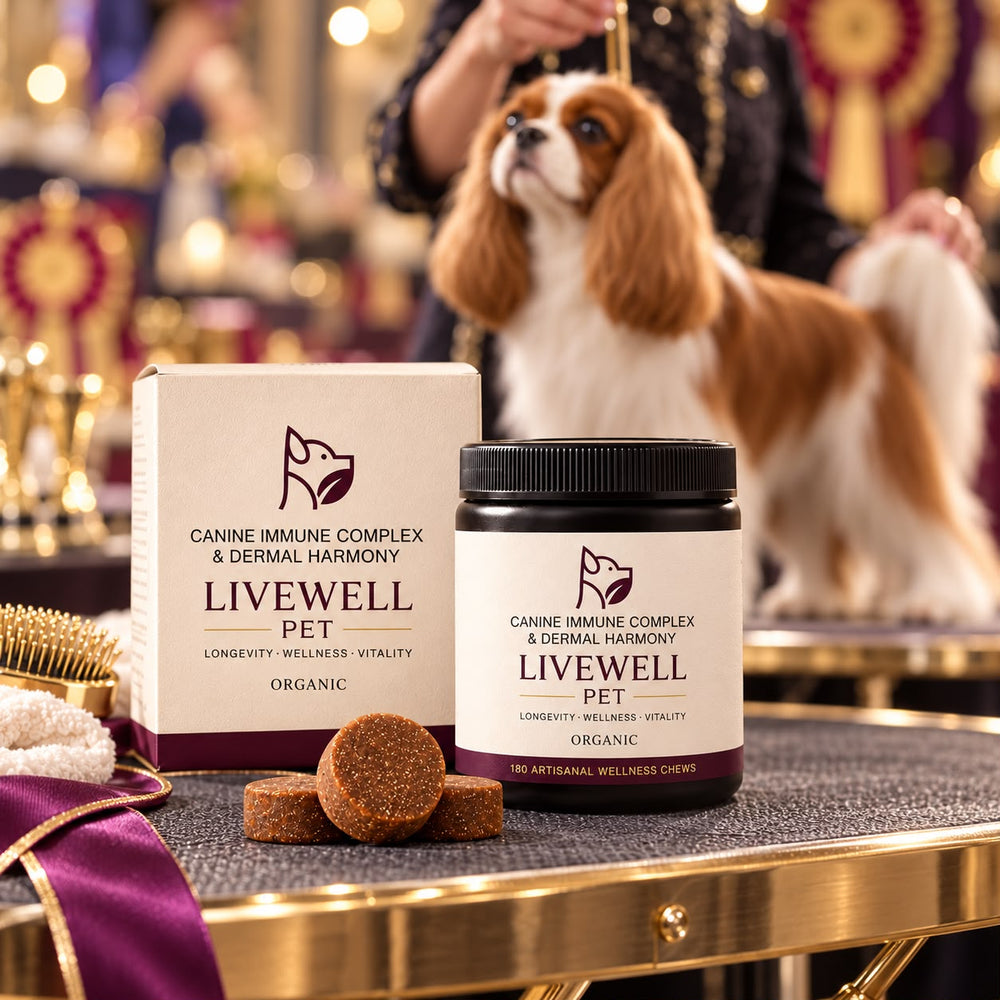 Canine Immune Complex & Dermal Harmony Chews box and jar on a grooming table with a Cavalier King Charles spaniel