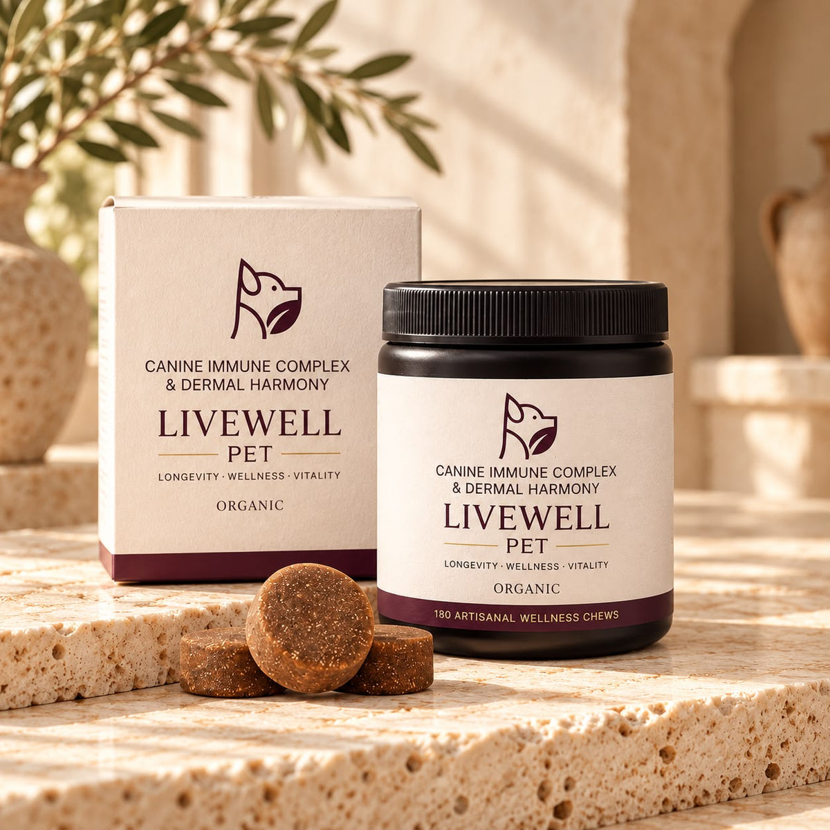 Canine Immune Complex & Dermal Harmony Chews box and jar with chews on travertine, 180 chews