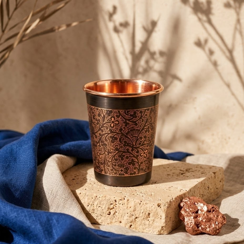 Longevity Pure Copper Cup, 8 oz, hand-engraved, on a sandstone block with linen and raw copper