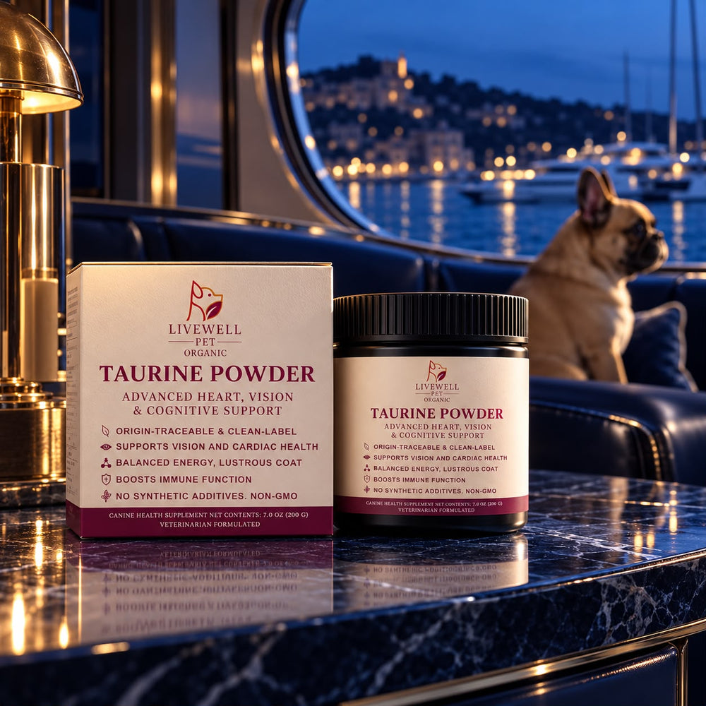 Taurine Powder for Dogs box and jar on a marble table in the evening, French bulldog by the window