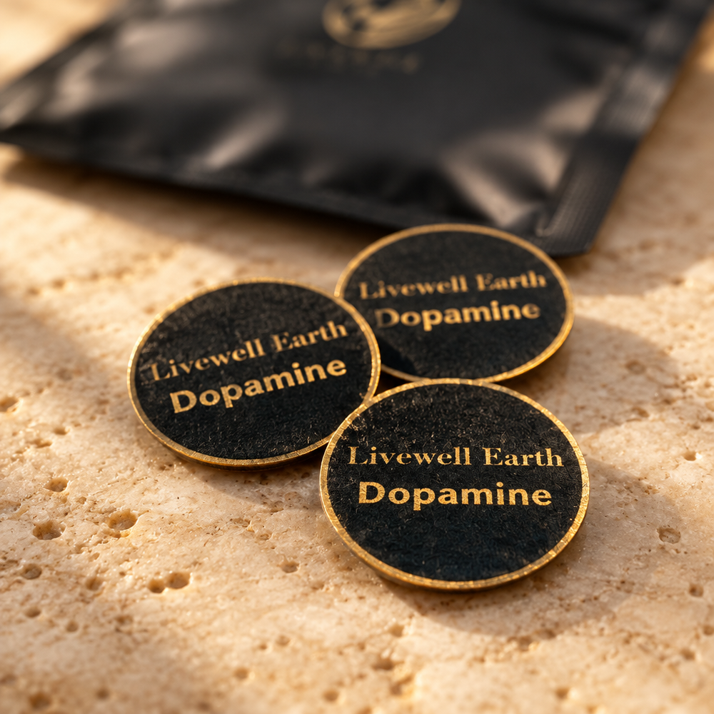 Three round Dopamine patches with gold Livewell Earth print on travertine