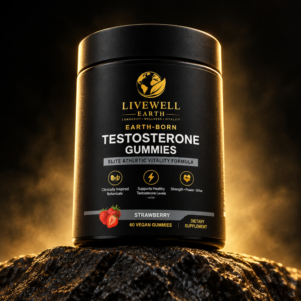 Strawberry: Earth-Born gummies jar on dark granite in gold rim light