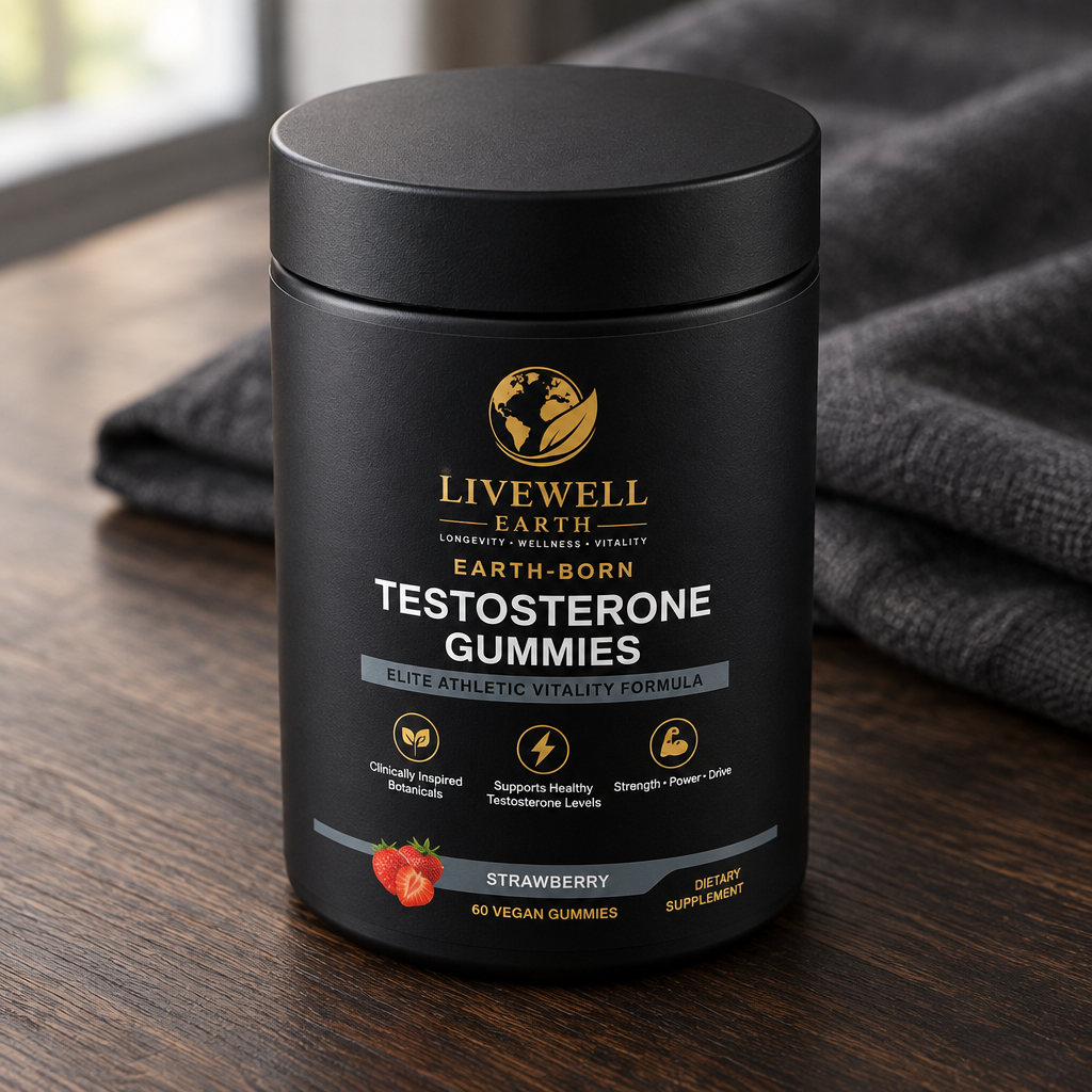 Strawberry: Earth-Born gummies jar from above at a three-quarter angle on smoked oak