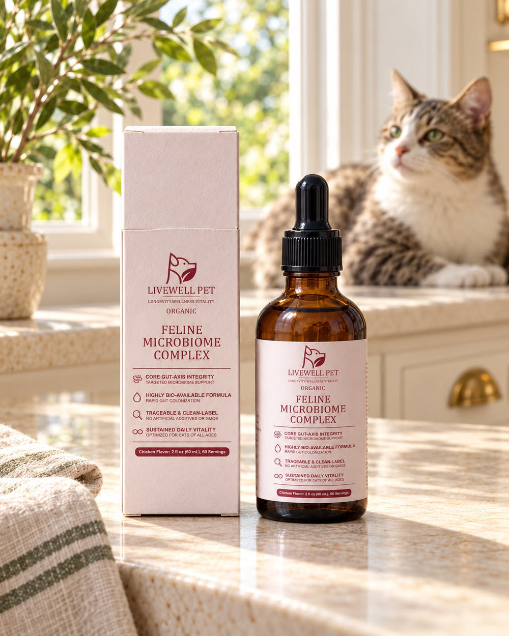 Feline Microbiome Complex box and dropper bottle on a sunny counter with a tabby cat, 2 fl oz (60 ml)