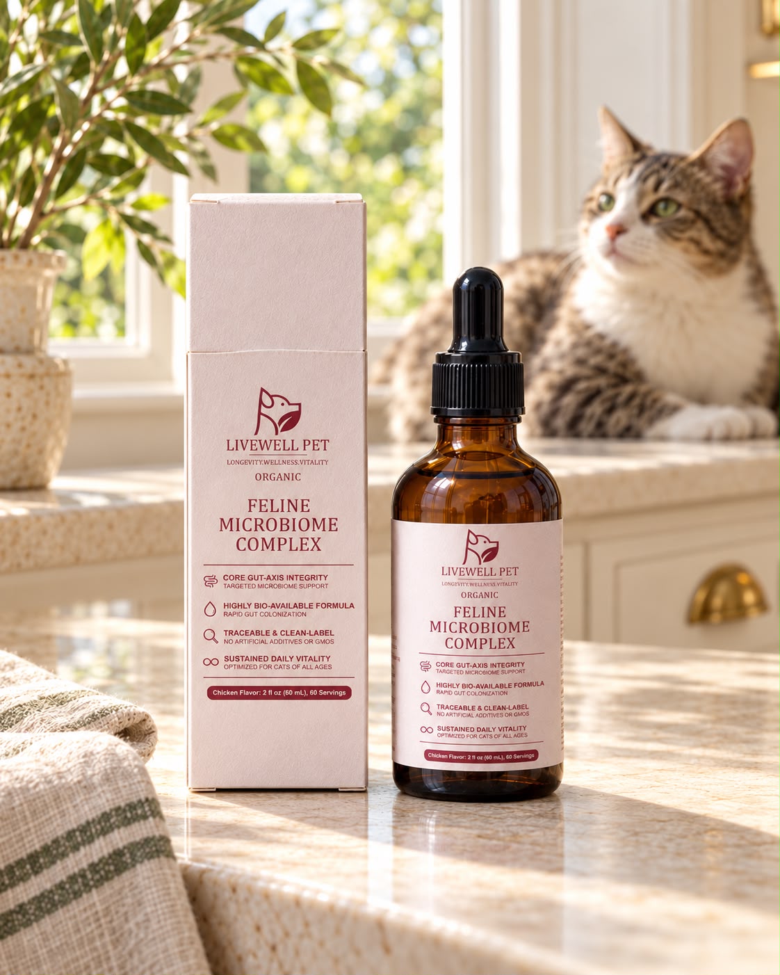 Feline Microbiome Complex box and dropper bottle on a sunny counter with a tabby cat, 2 fl oz (60 ml)