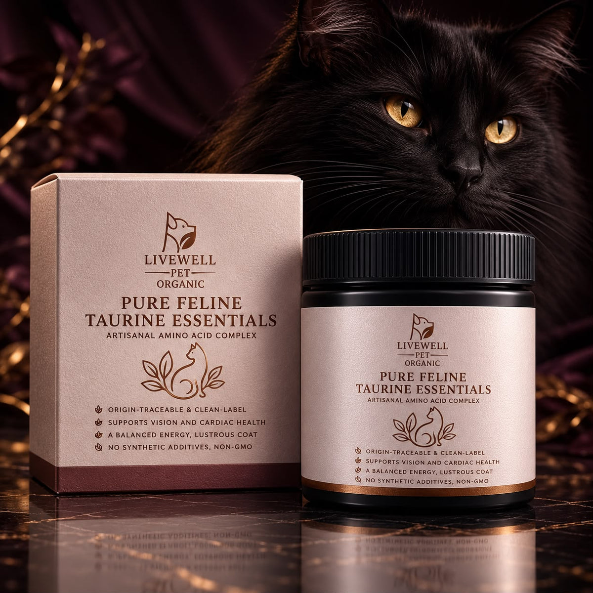Pure Feline Taurine Essentials box and jar with a black cat