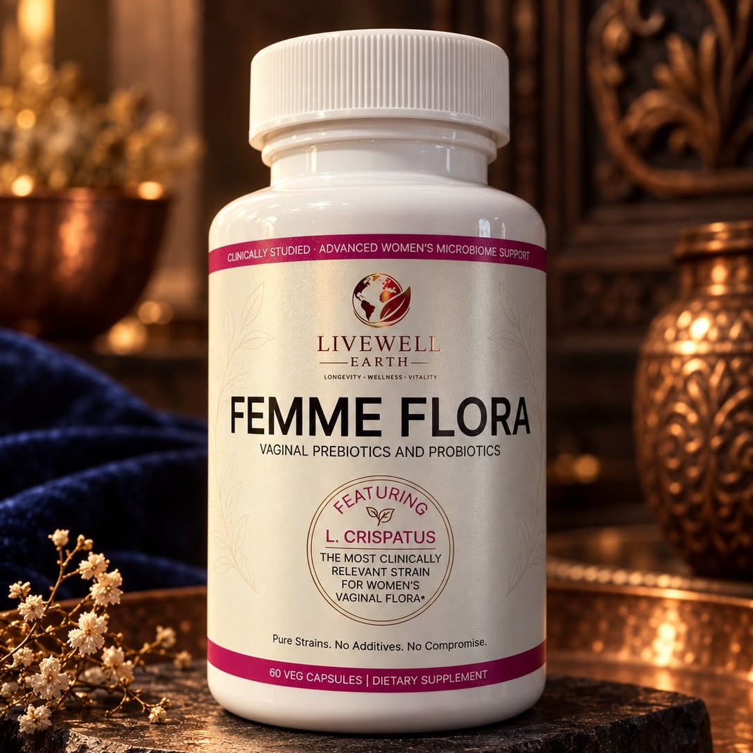 Femme Flora bottle on dark stone with warm candlelight · L. crispatus prebiotic and probiotic, 60 vegan capsules