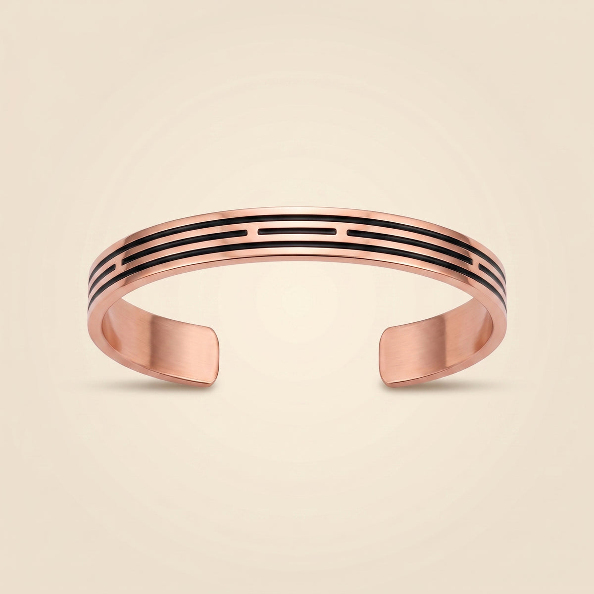 Longevity Copper Band Flat Cuff, flat copper cuff with two interrupted black enamel lines
