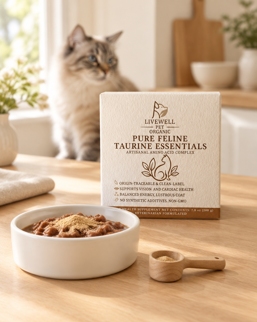 Pure Feline Taurine Essentials in the kitchen, with a scoop of powder over a cat's food