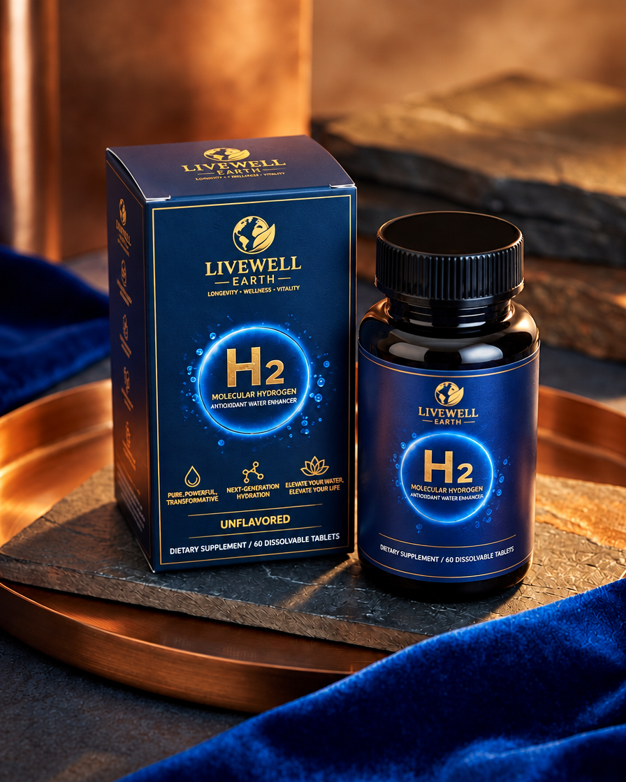 Unflavored: H2 Molecular Hydrogen Tablets box and bottle on slate and copper