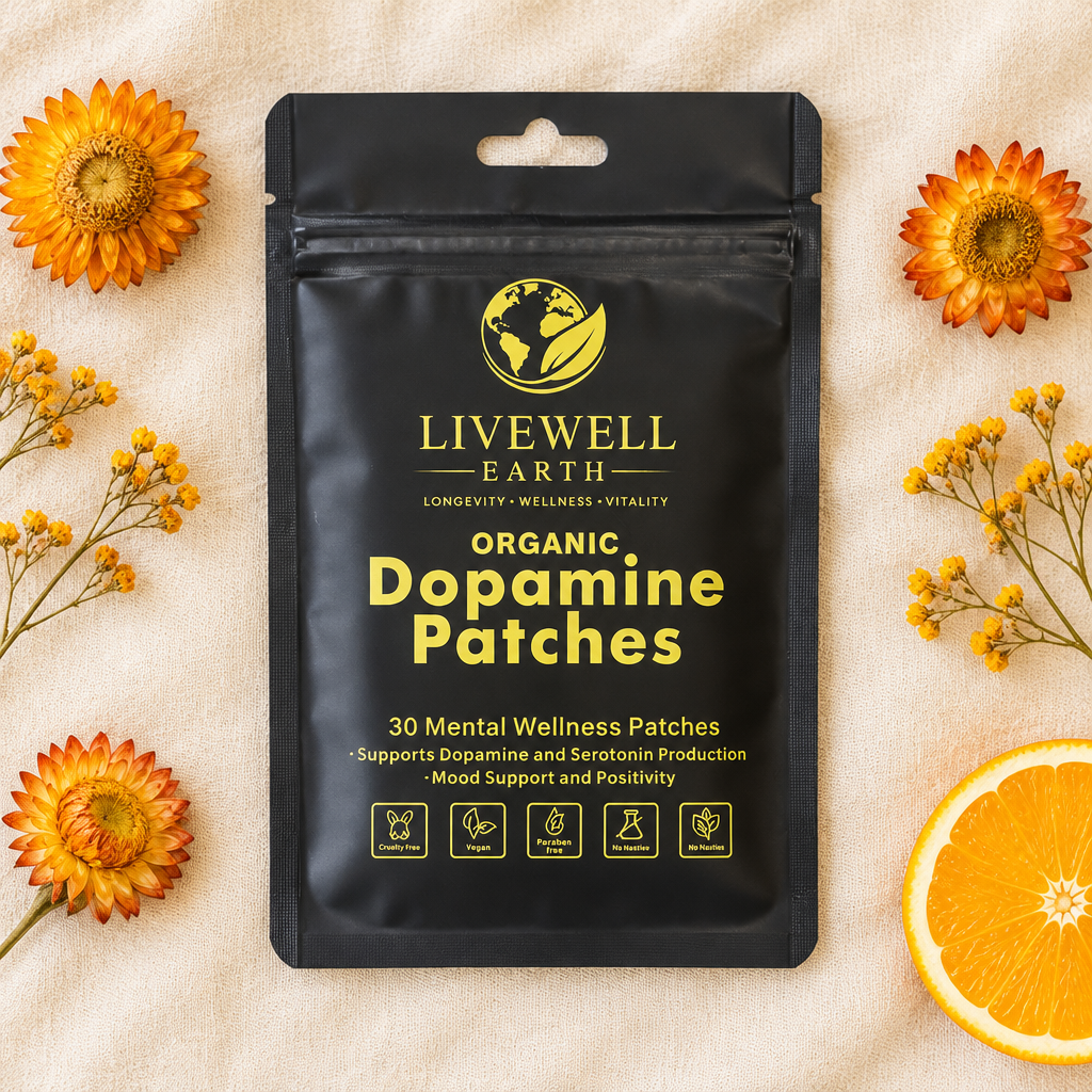 Dopamine Patches pouch, flat lay with orange and dried flowers