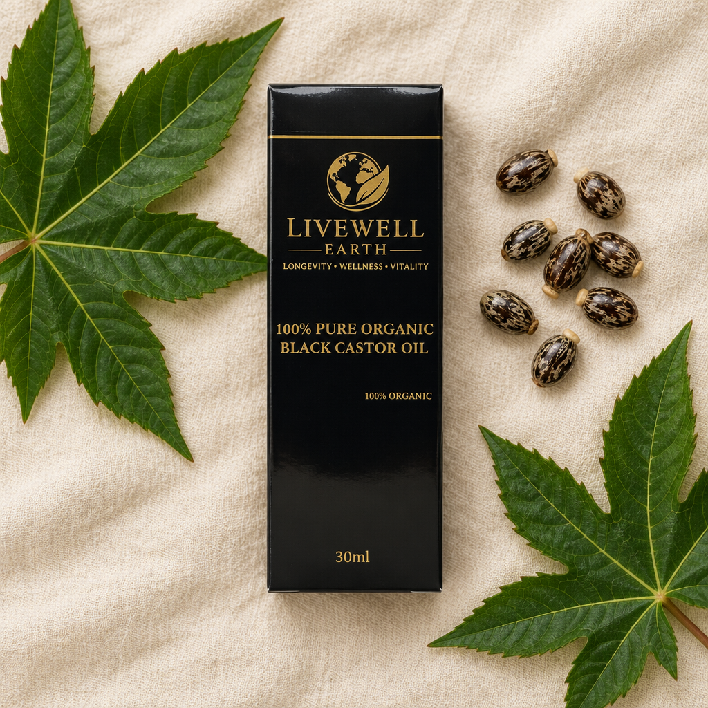 Black Castor Oil box from above with castor leaves and beans