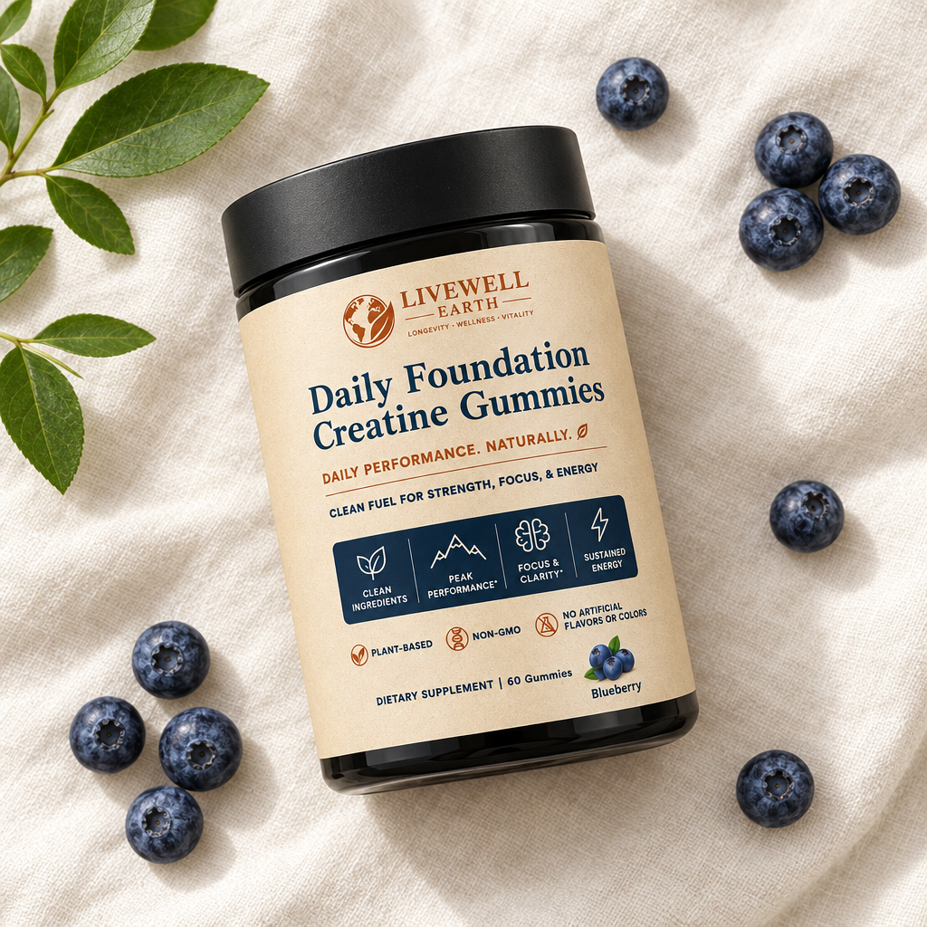 Blueberry: Daily Foundation Creatine Gummies jar lying on ivory linen with fresh blueberries