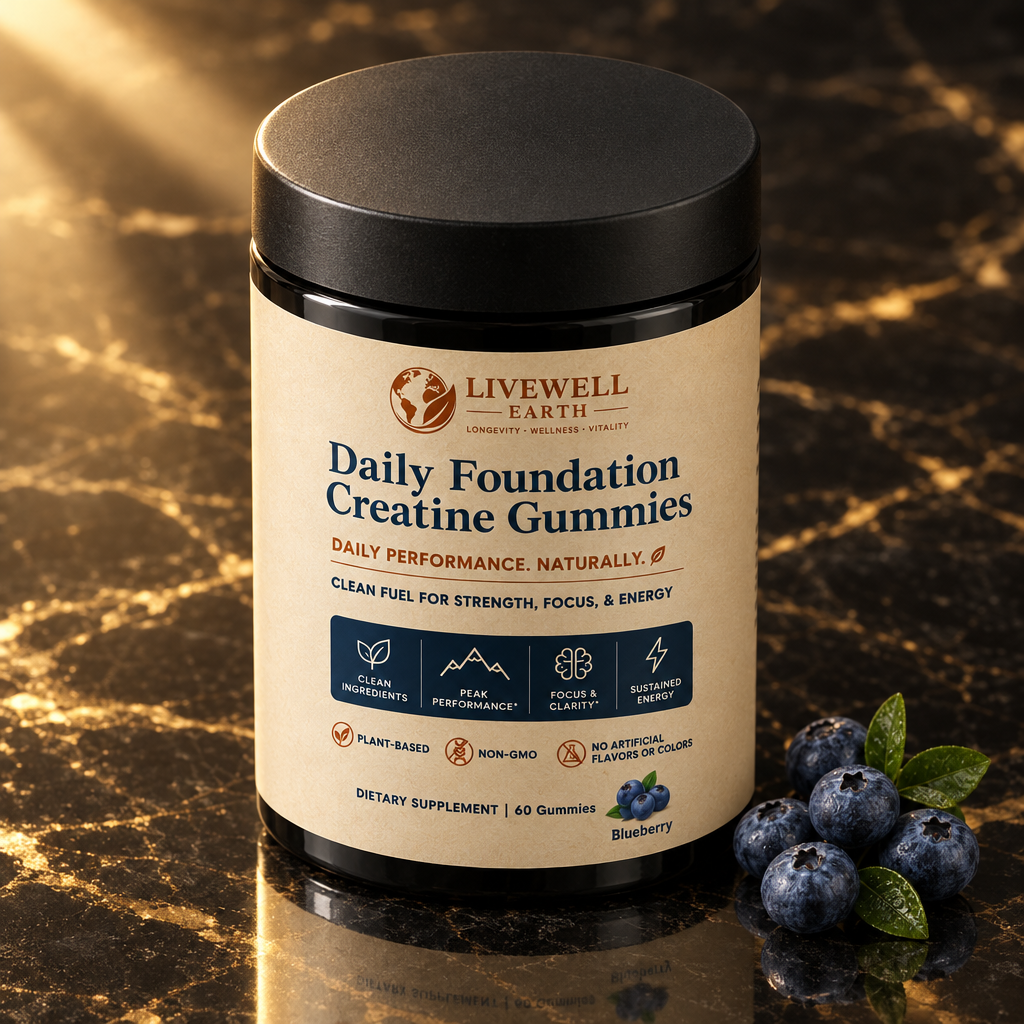 Blueberry: Daily Foundation Creatine Gummies jar from above on black marble with blueberries
