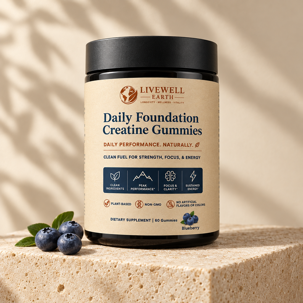 Blueberry: Daily Foundation Creatine Gummies jar on an ivory travertine plinth with fresh blueberries · 60 gummies