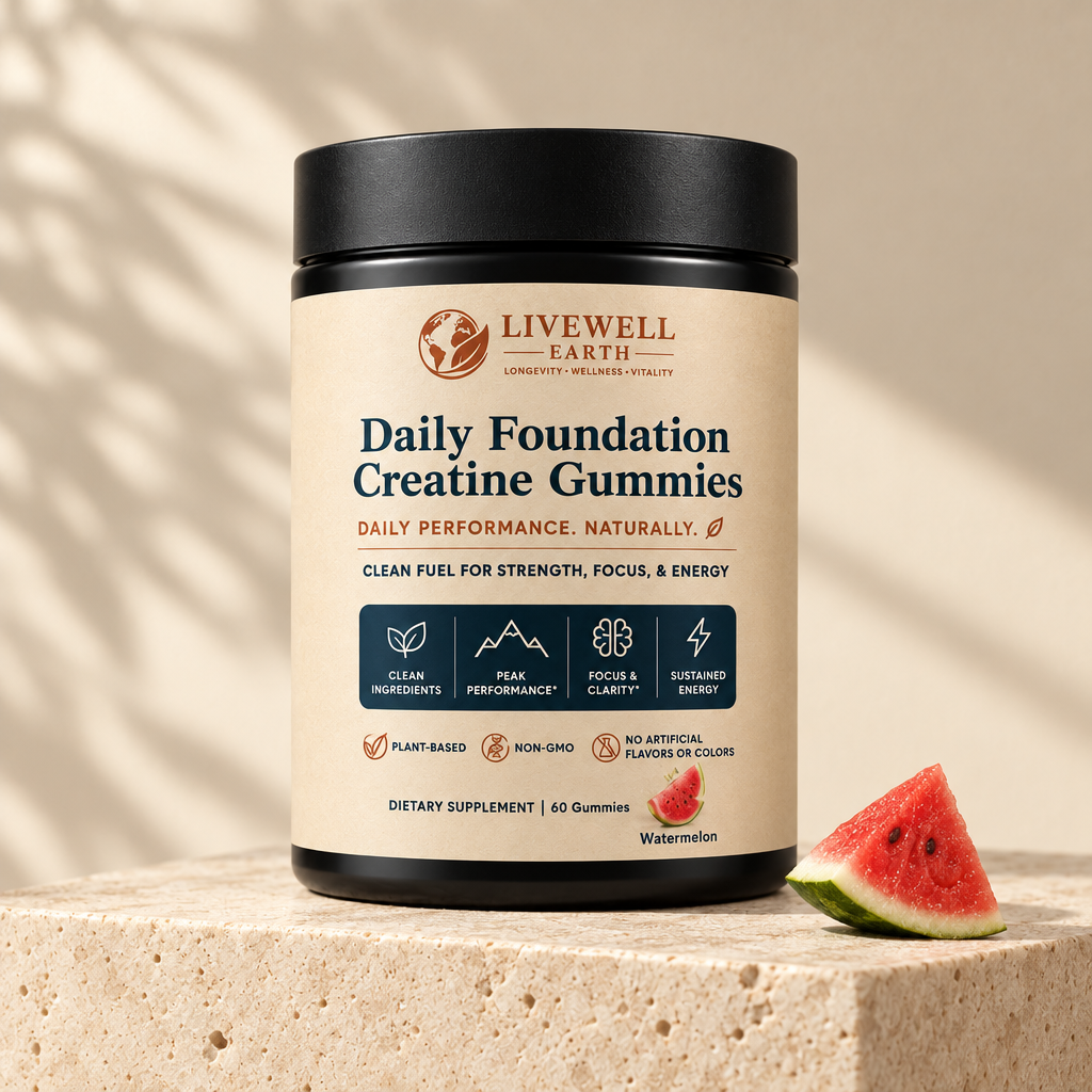 Watermelon: Daily Foundation Creatine Gummies jar on an ivory travertine plinth with a watermelon wedge · 60 gummies
