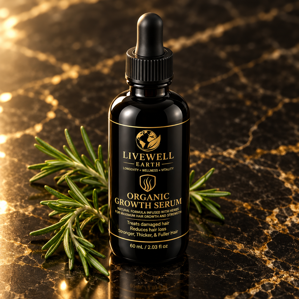 Organic Growth Serum dropper bottle on black marble with fresh rosemary