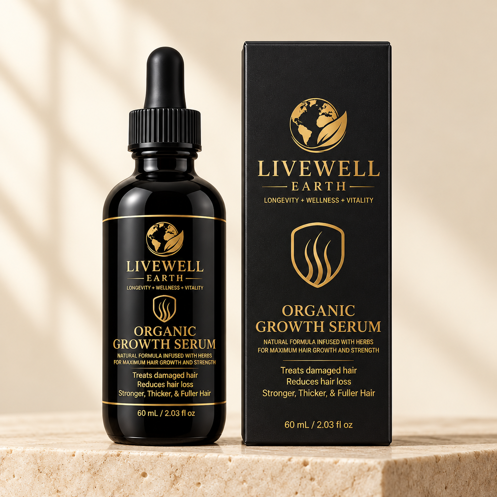 Organic Growth Serum dropper bottle and carton on an ivory travertine plinth · 60 mL / 2.03 fl oz