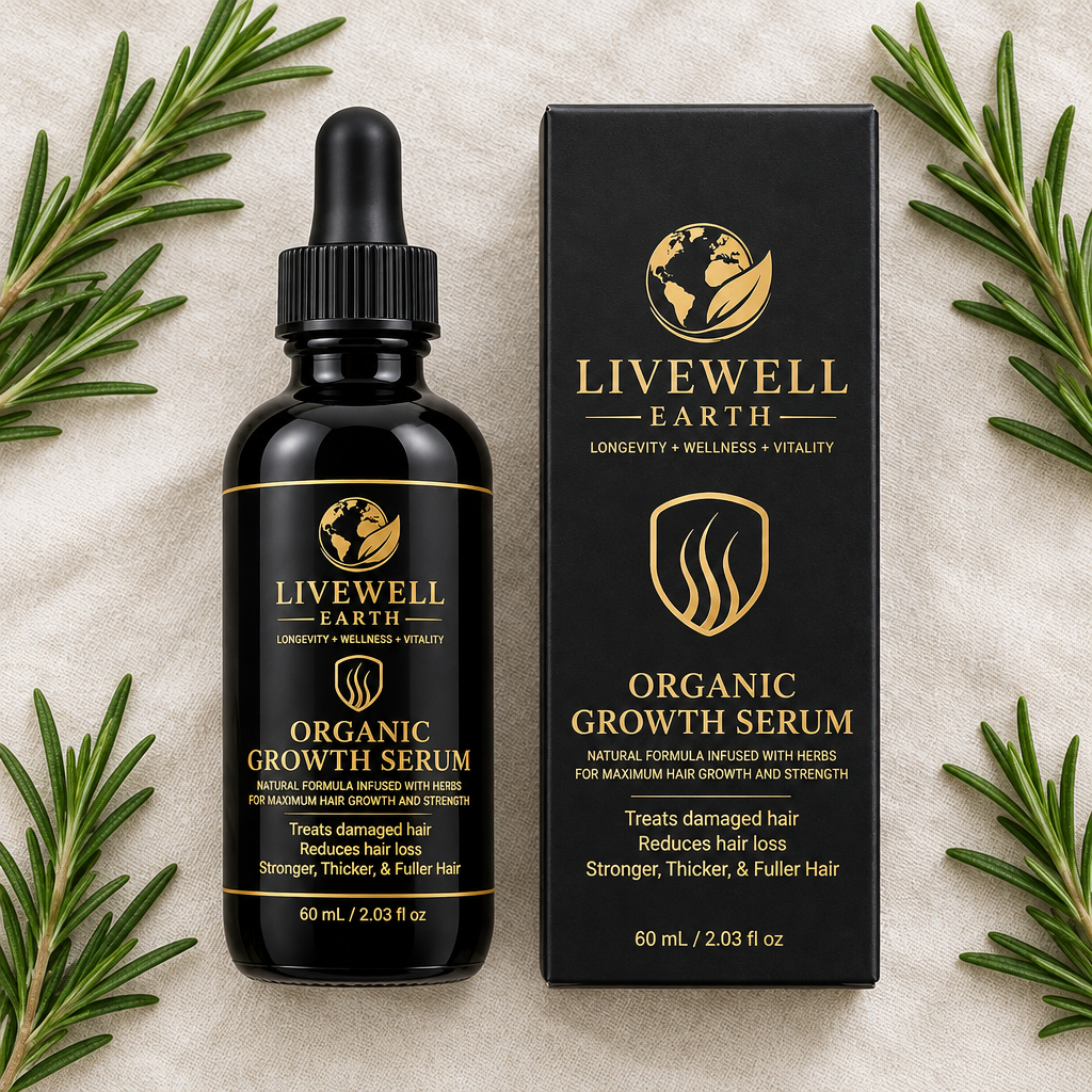 Organic Growth Serum bottle and carton lying on ivory linen with rosemary