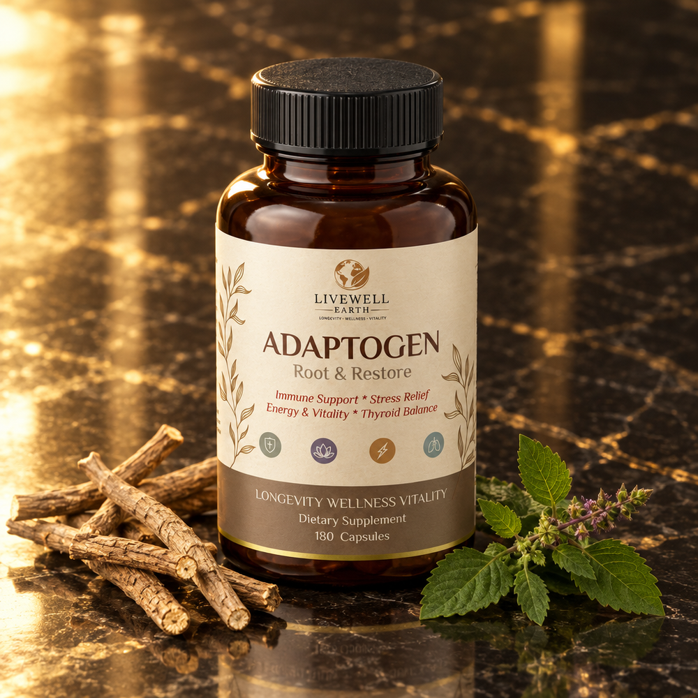 Adaptogen Root & Restore bottle on black marble with dried roots and holy basil