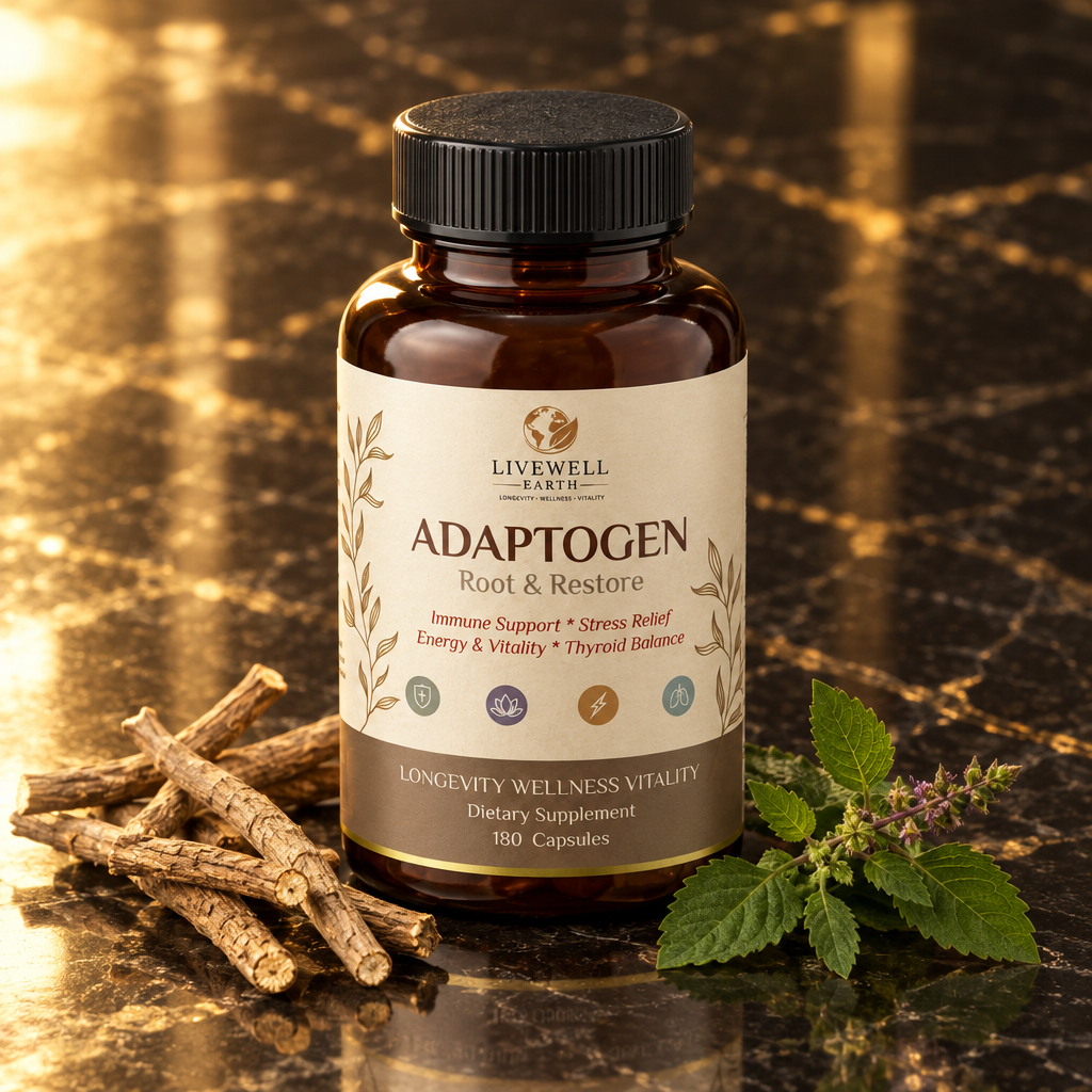 Adaptogen Root & Restore bottle on black marble with dried roots and holy basil