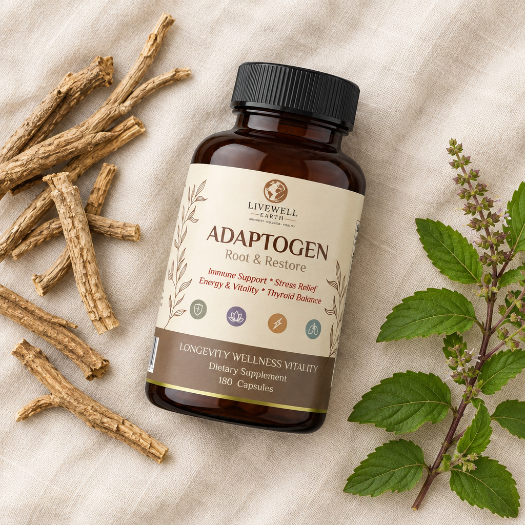 Adaptogen Root & Restore bottle lying on ivory linen with roots and holy basil
