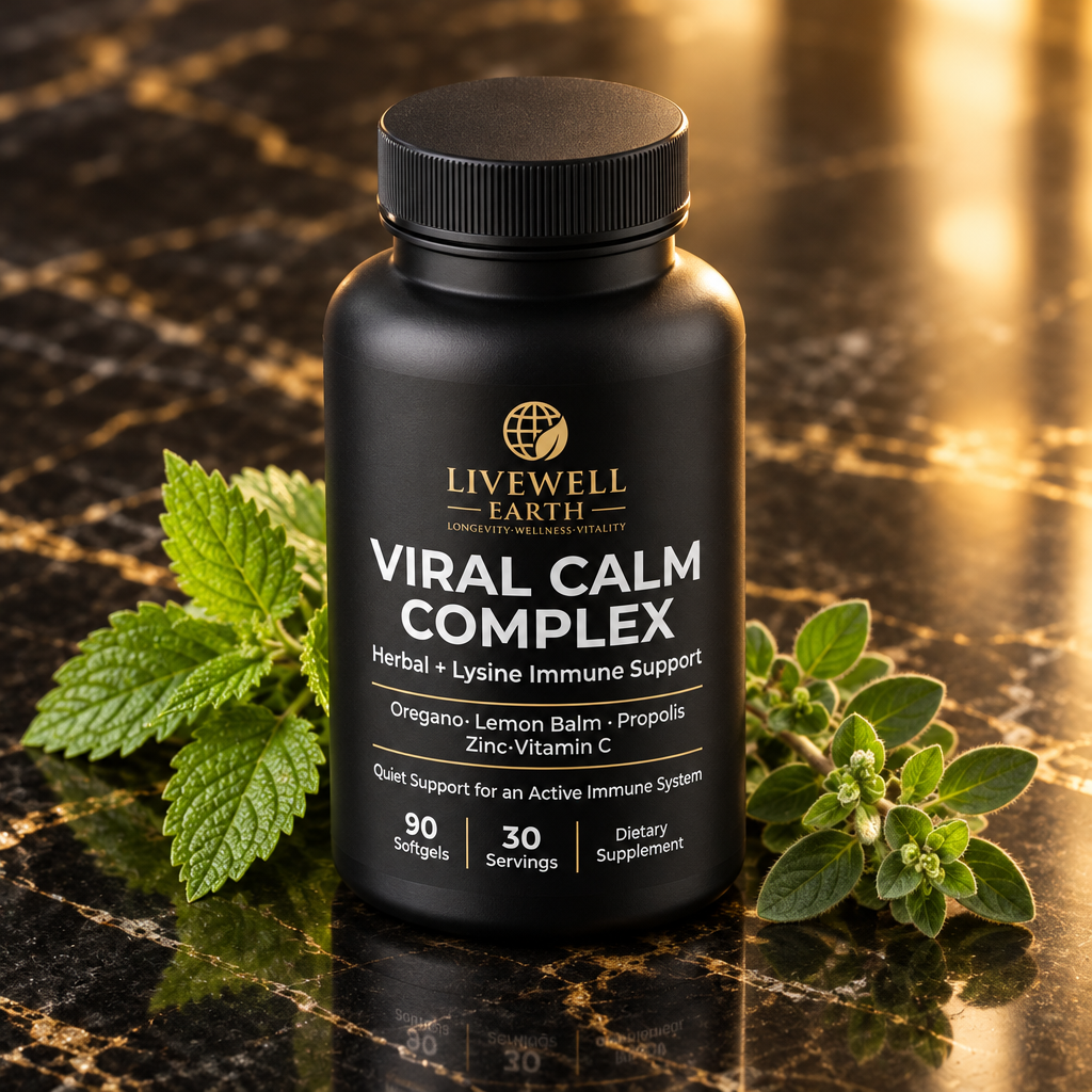 Viral Calm Complex bottle on black marble with lemon balm and oregano
