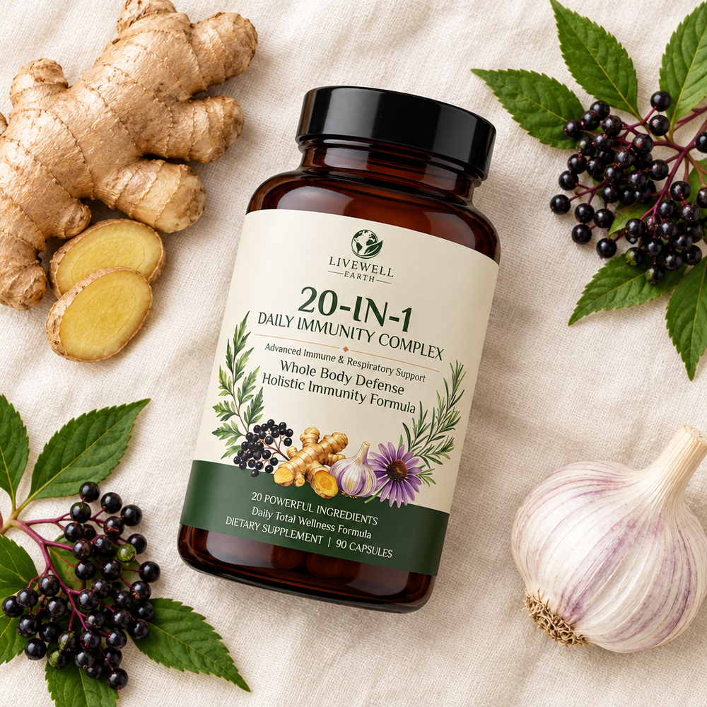 20-in-1 Daily Immunity Complex bottle lying on ivory linen with ginger, garlic and elderberries