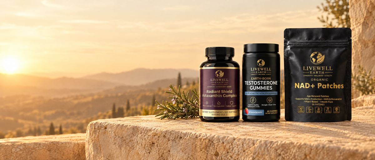 Radiant Shield Astaxanthin, Earth-Born Testosterone Gummies and NAD+ patches on a stone terrace at sunrise