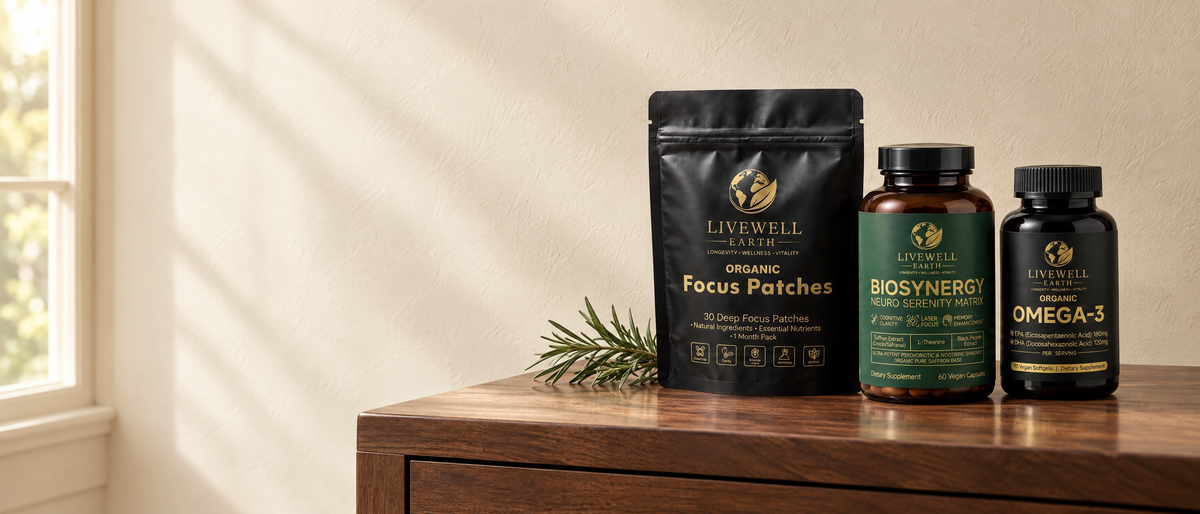 Focus Patches, Biosynergy Neuro Serenity Matrix and Omega-3 on a walnut desk by a window