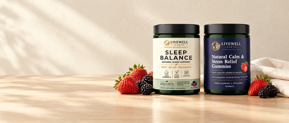 Sleep Balance and Natural Calm gummies on an oak breakfast table with fresh berries
