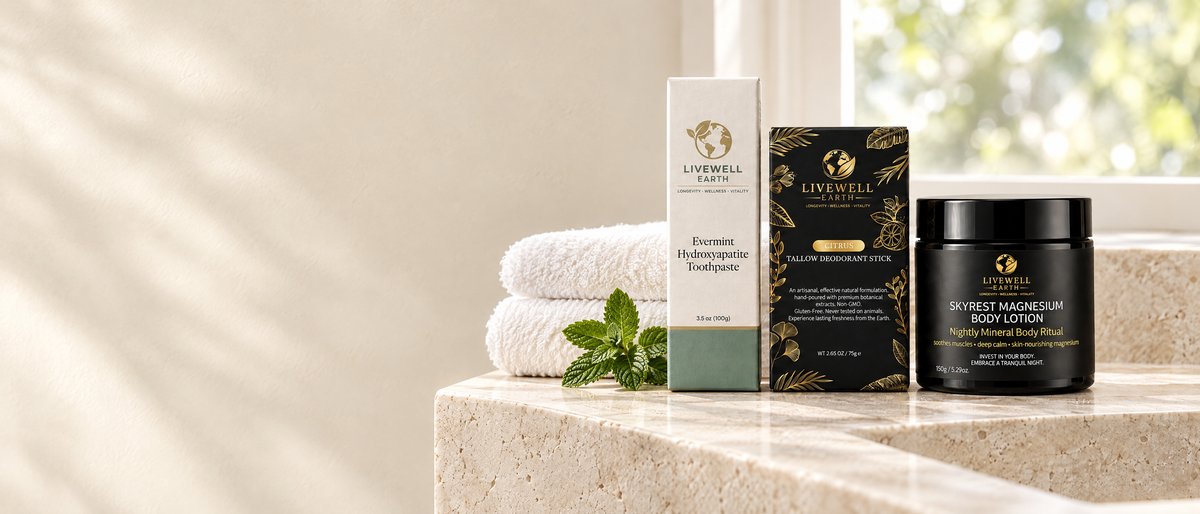 Evermint toothpaste, citrus tallow deodorant and Skyrest magnesium lotion on travertine