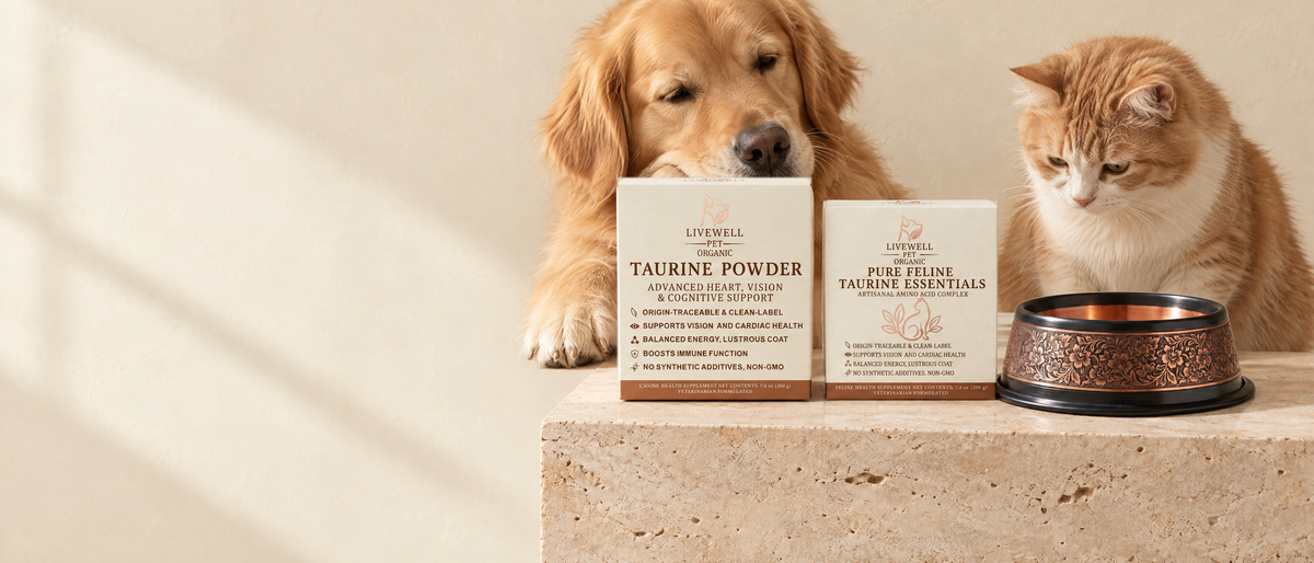 A golden retriever and a ginger cat resting behind LiveWell Pet Taurine Powder, Pure Feline Taurine Essentials and the etched copper pet bowl on a travertine plinth