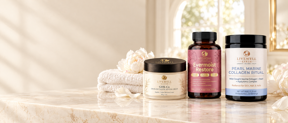 GHK-Cu Tallow Revival Cream, Evermoist Restore and Pearl Marine Collagen Ritual on a marble vanity with peonies
