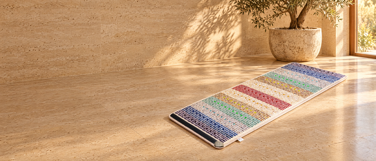 The Zenith Mat on a travertine floor in golden light