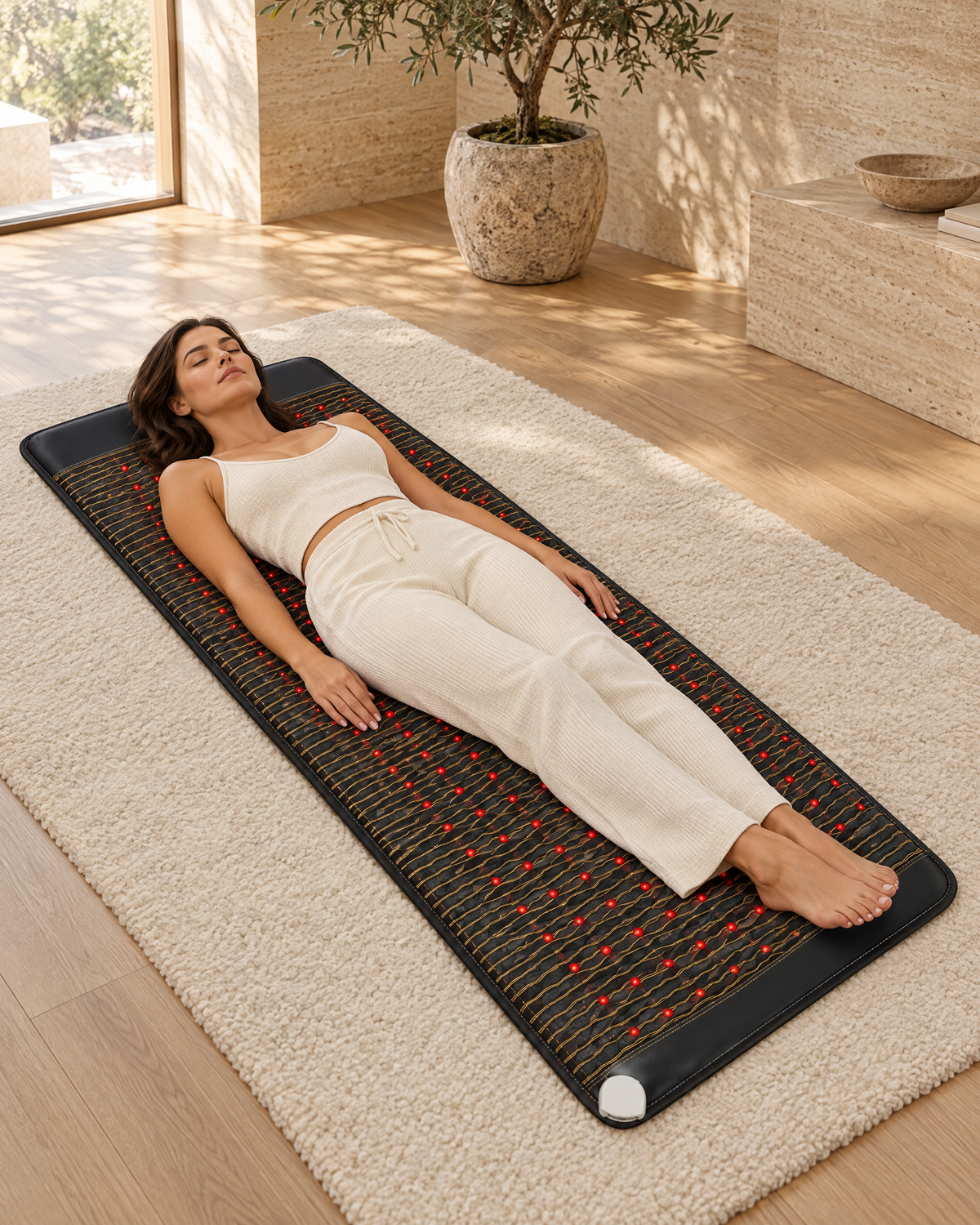 Woman resting on the Synergy Mat with its red LEDs on