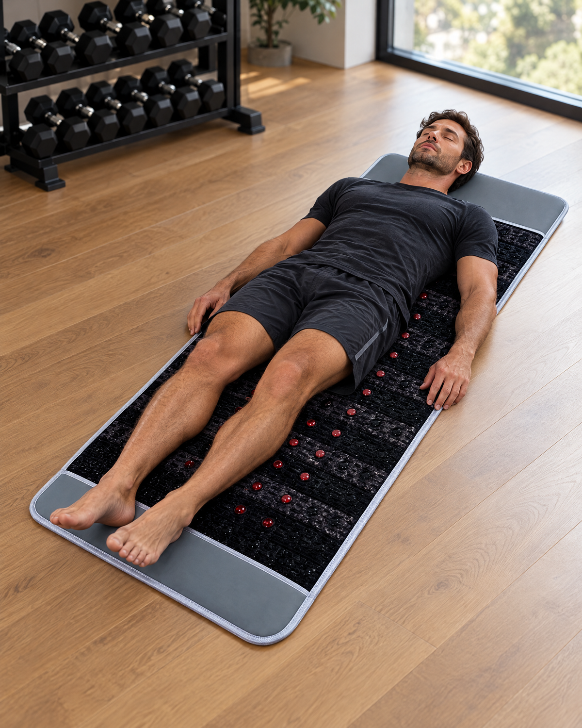 Man recovering on the Kinetic Mat in a home gym