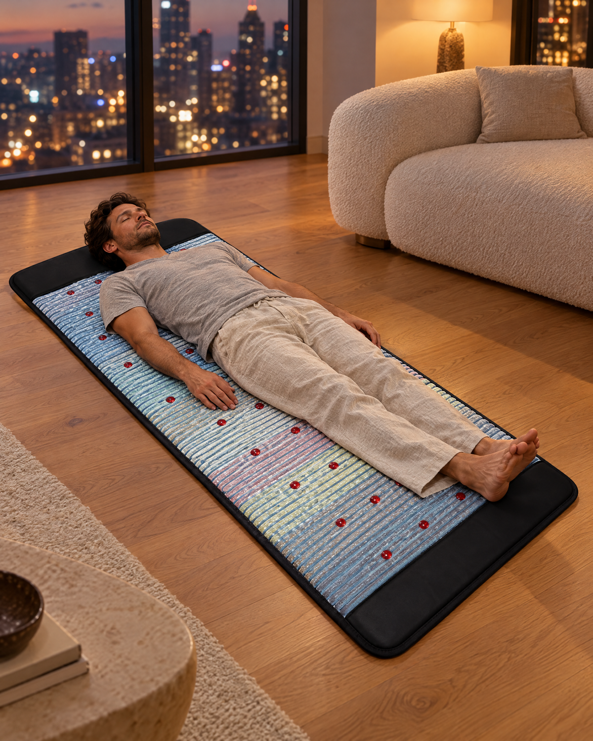 Man resting on the Resonance Mat in a penthouse living room at dusk