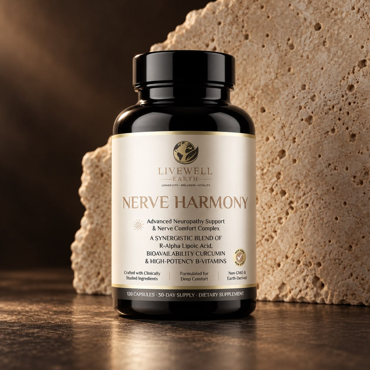 Nerve Harmony bottle against travertine in warm light · 120 capsules, 30-day supply