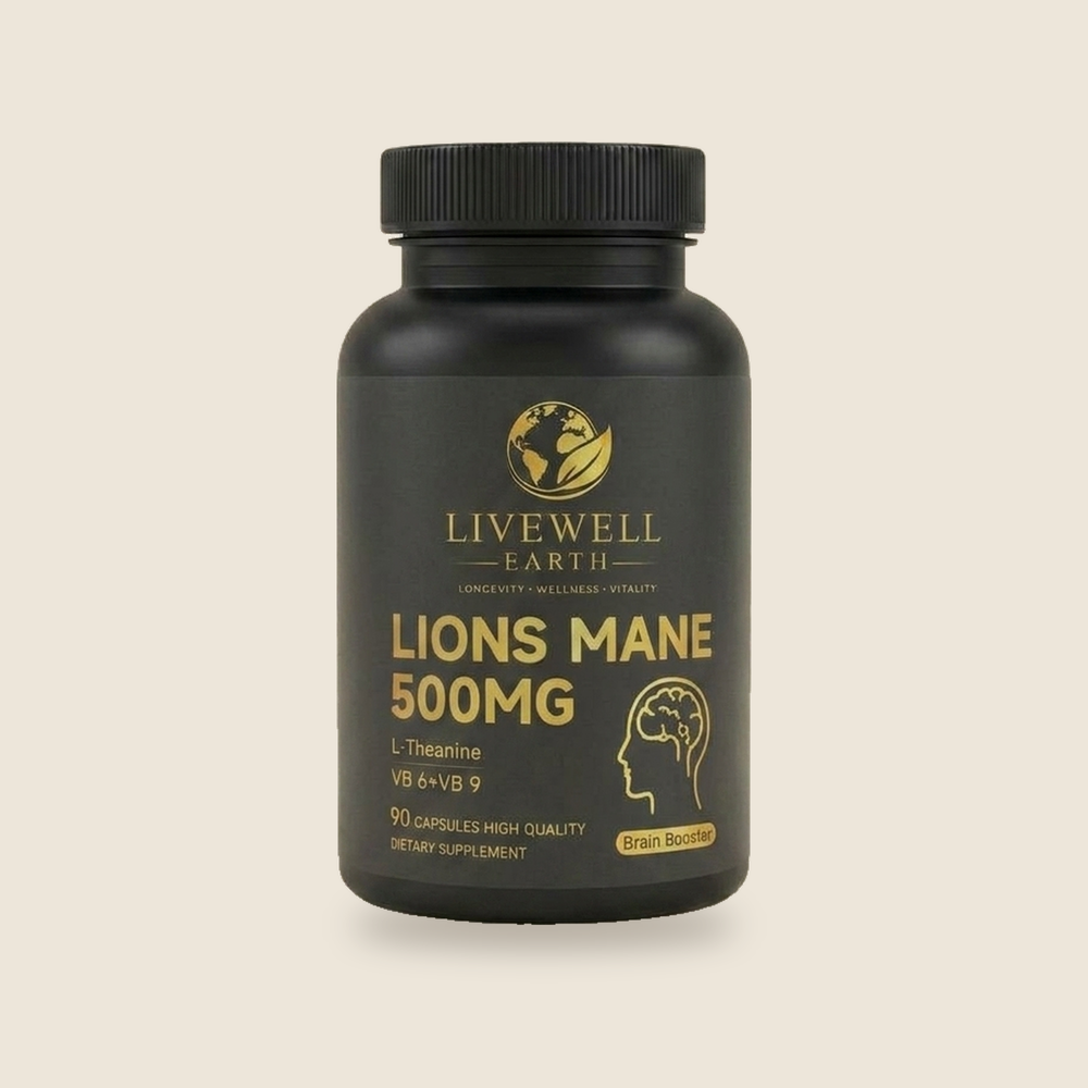 Lion's Mane bottle, front of pack · 500 mg per serving, 90 capsules