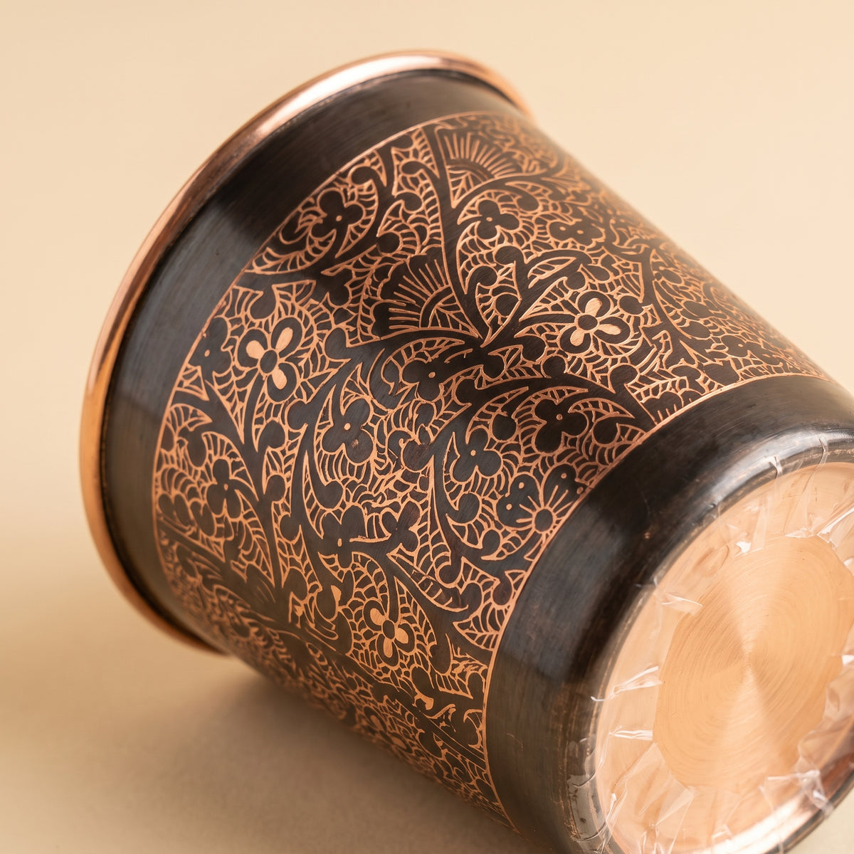 Close-up detail of the Longevity Copper Mug, 8 oz, pure copper finish