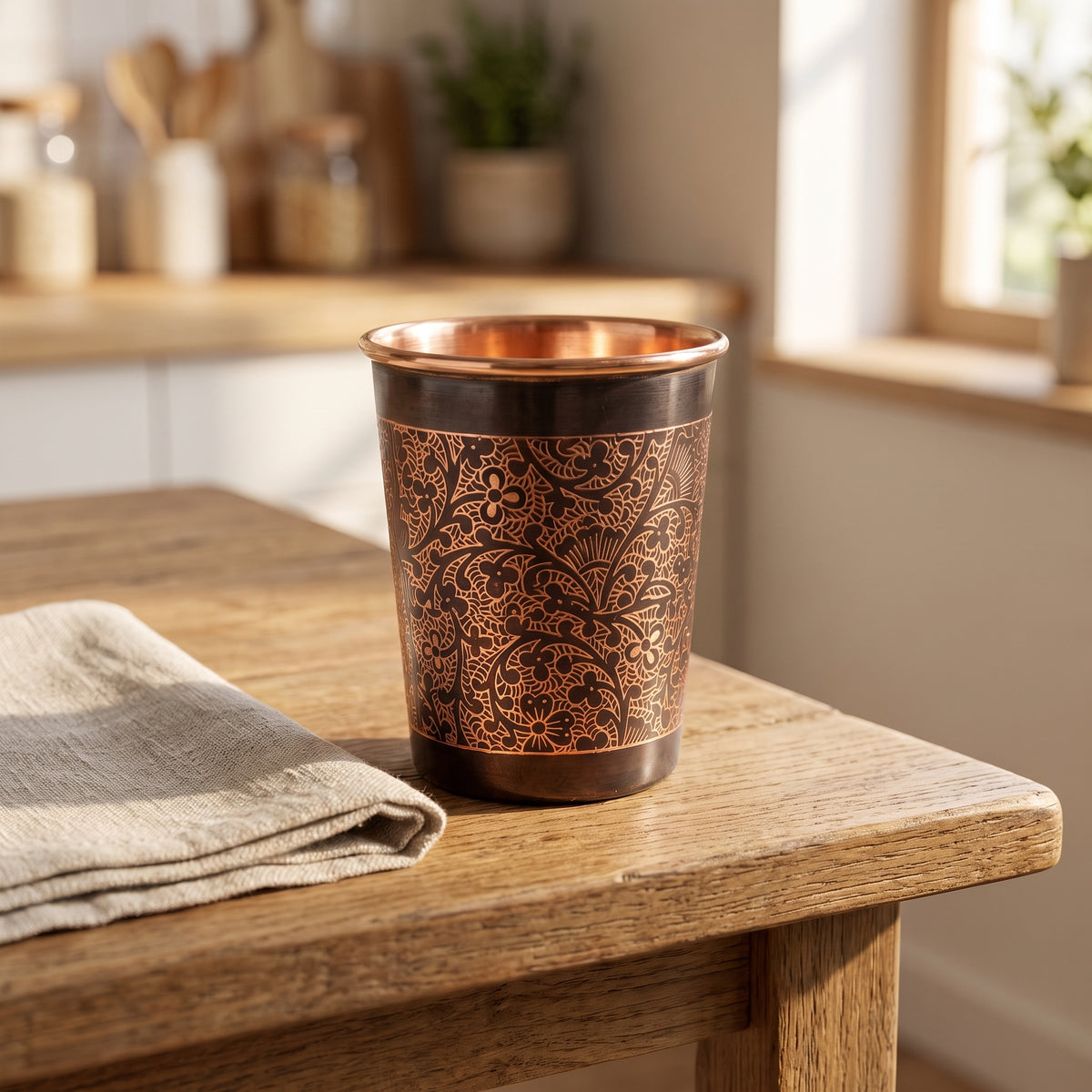 Longevity Copper Mug, 8 oz, in a warm lifestyle setting