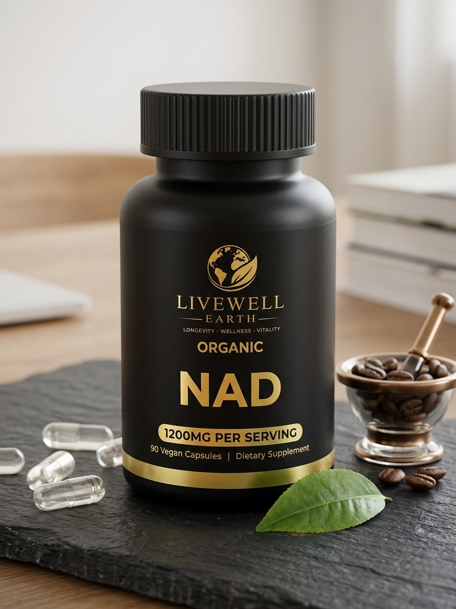 NAD+ bottle on dark slate with clear crystal cubes and a brass scoop