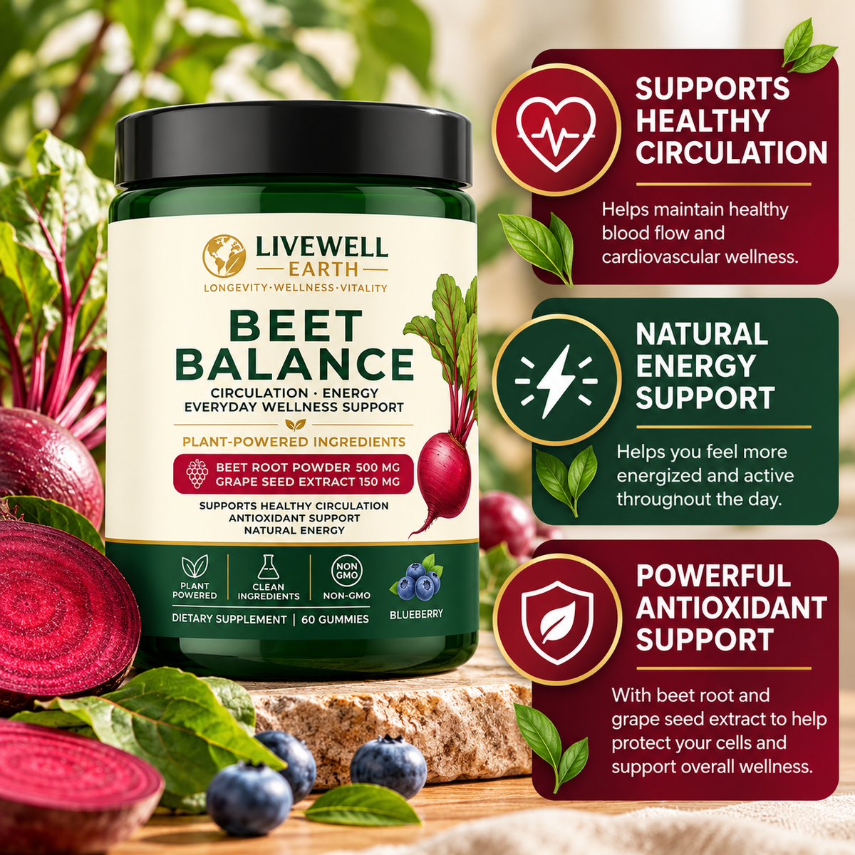 Beet Balance Gummies Blueberry jar with beets and blueberries: circulation, energy and antioxidant support